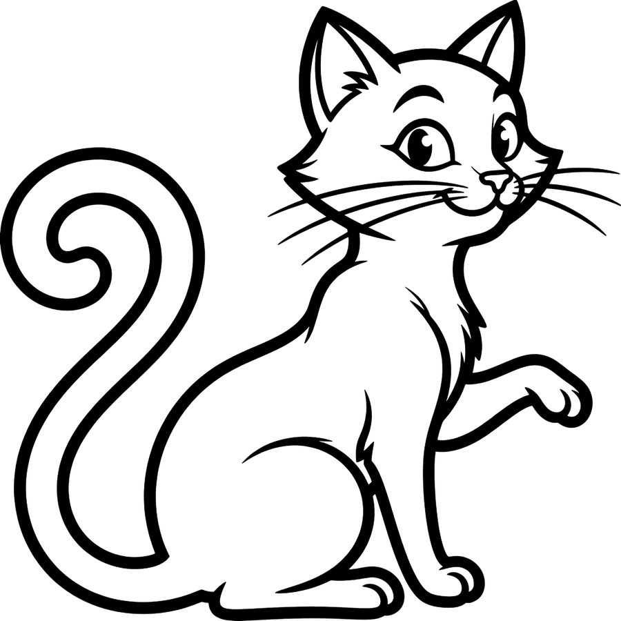 Line drawing of the workshop cat, seated with a curled tail and one paw raised.