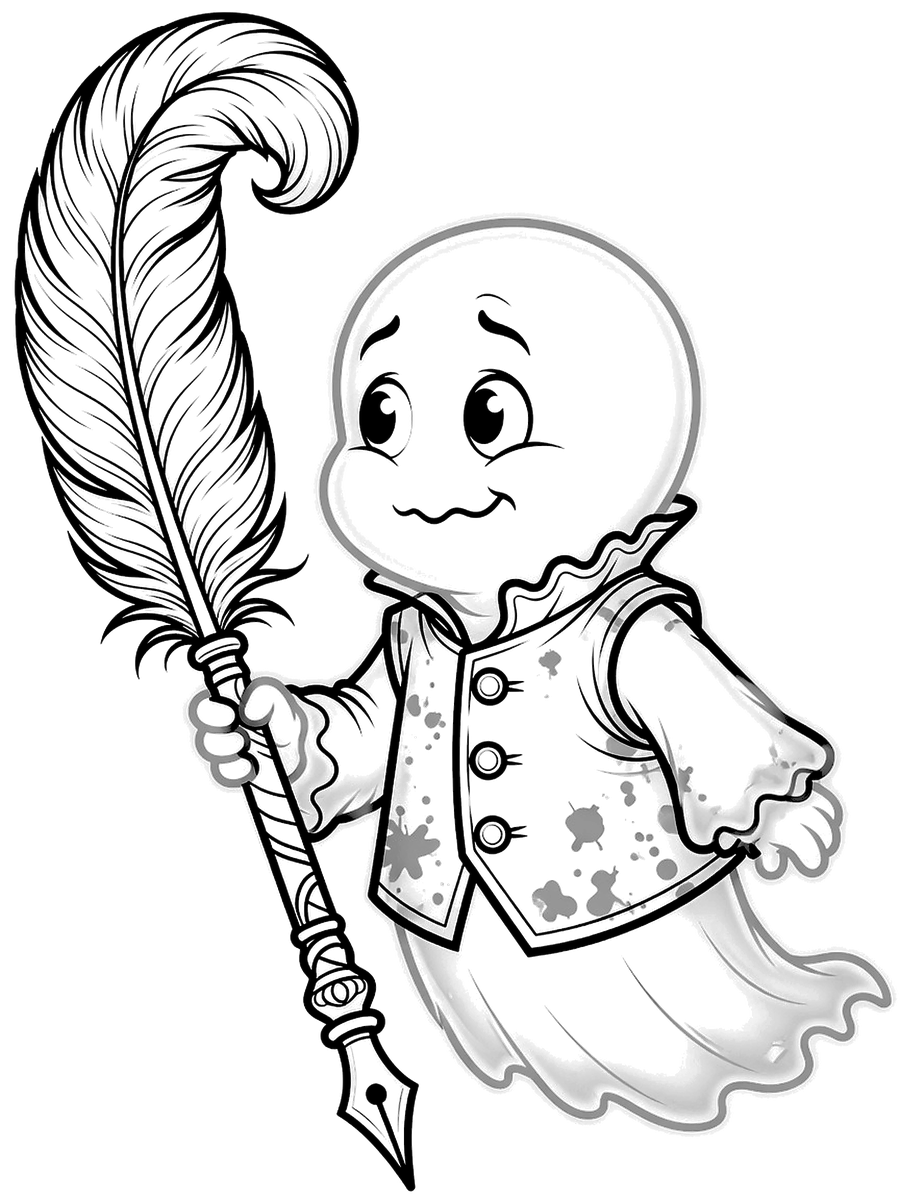 Line drawing of Quill, a young ghost in an ink-stained vest, holding a quill pen taller than he is.